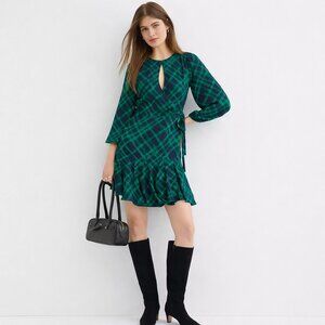 LOFT Petites 16P Emerald & Navy Plaid Godet Flare Dress | Ruffle Hem